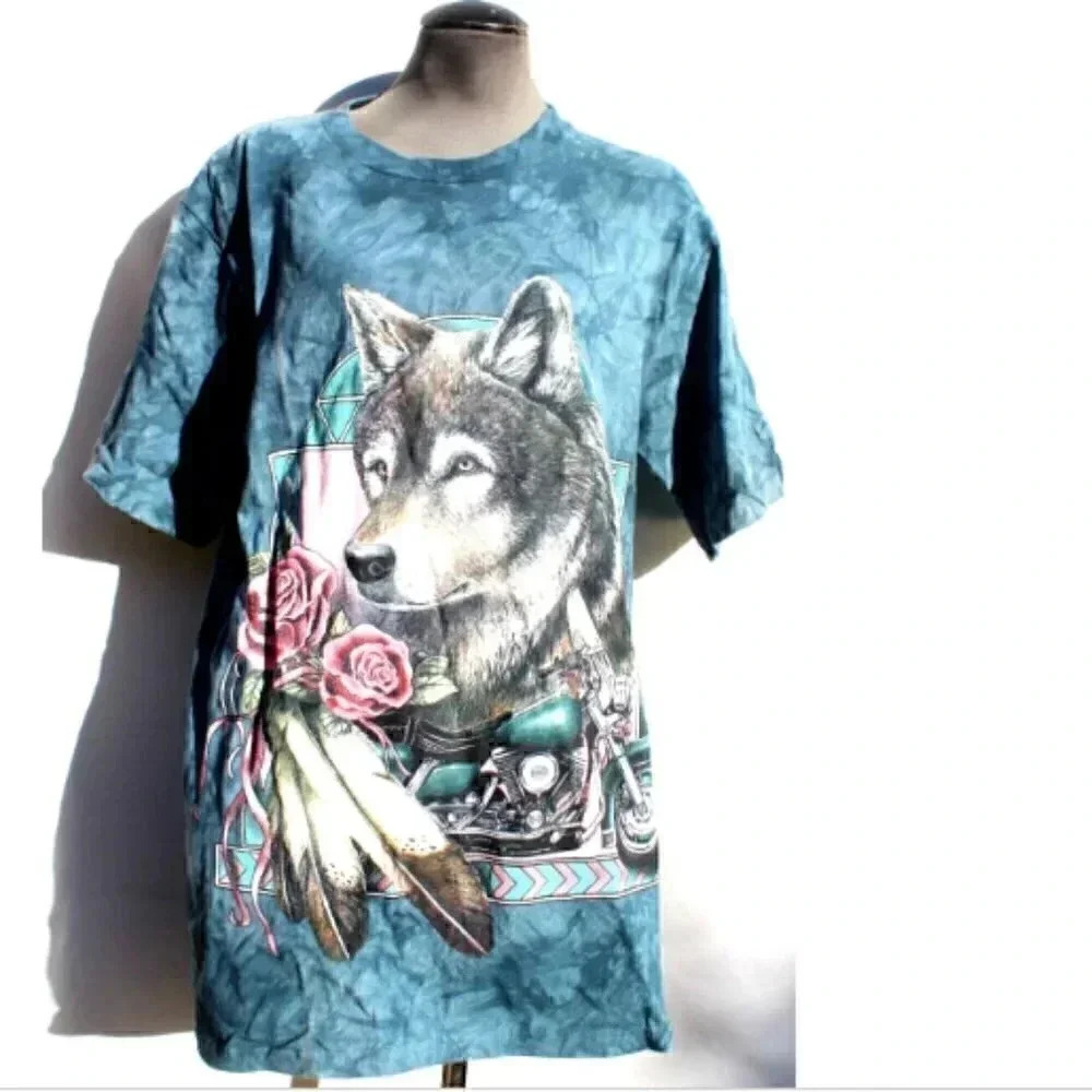 Vtg 1980s Roses Feathers Wolf Motorcycle Mens Short Sleeve Graphic T-Shirt